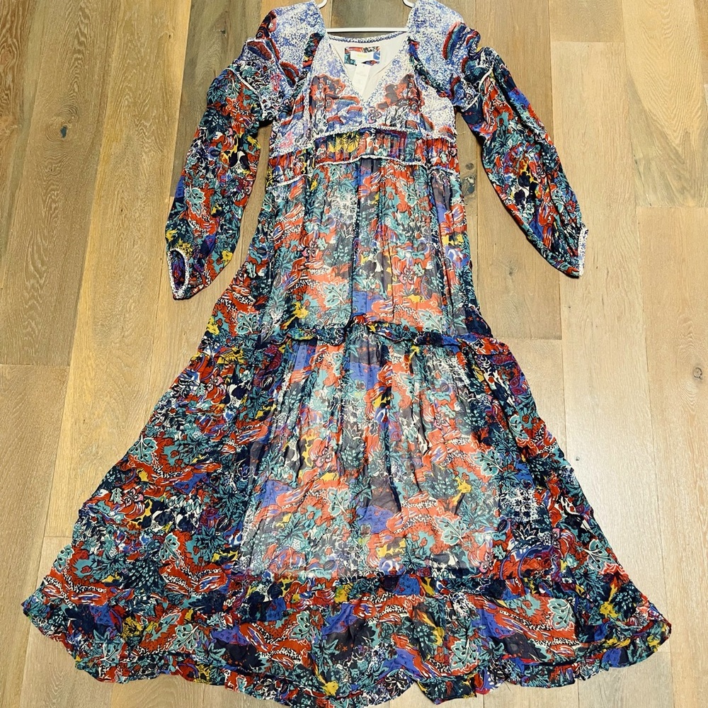 Maeve by Anthropologie Floral Printed Long Sleeve Ruffle Maxi Dress 14